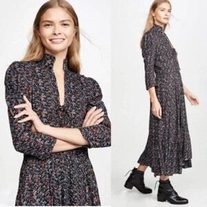 Petersyn Black Floral Lorna Midi Dress High Neckline Ruffled Hem Prairie Size M